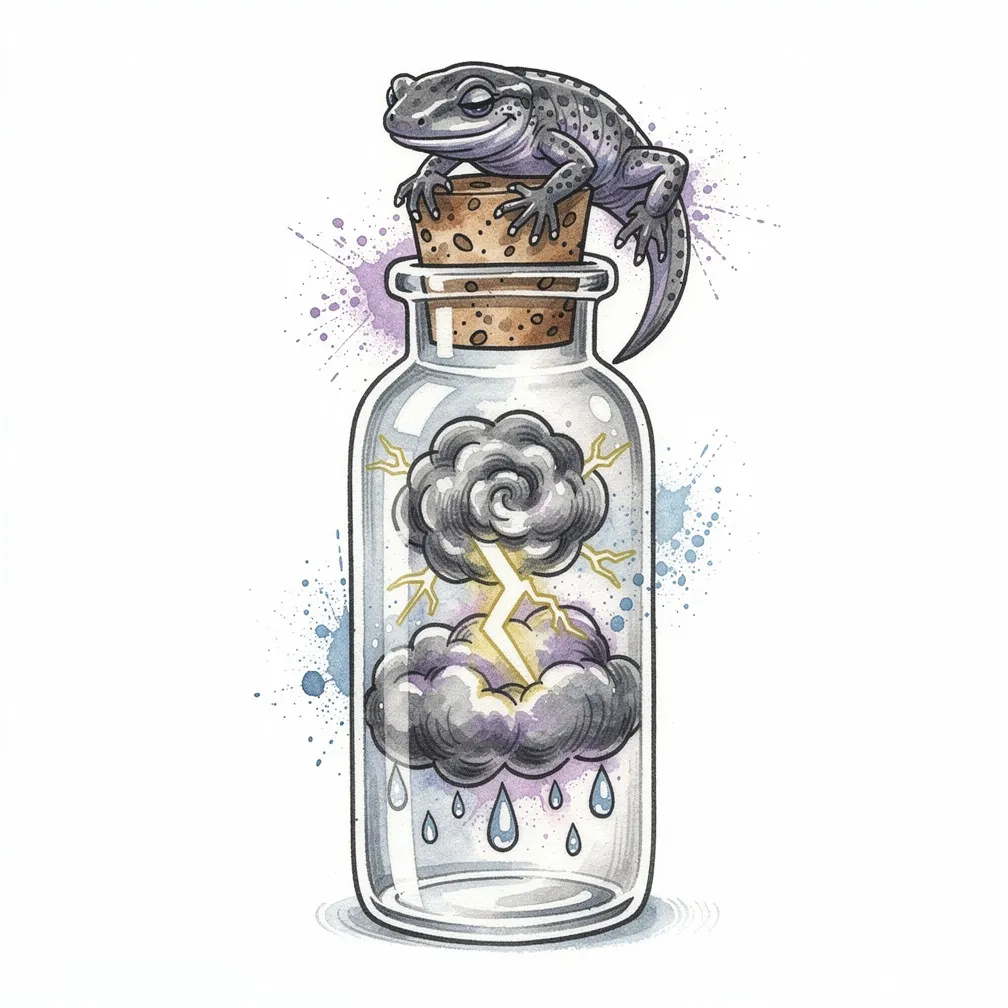 A watercolor blown-glass vial with a corked miniature thundercloud, fine lightning threads, beadlike raindrops, and a tiny gray salamander perched on top.