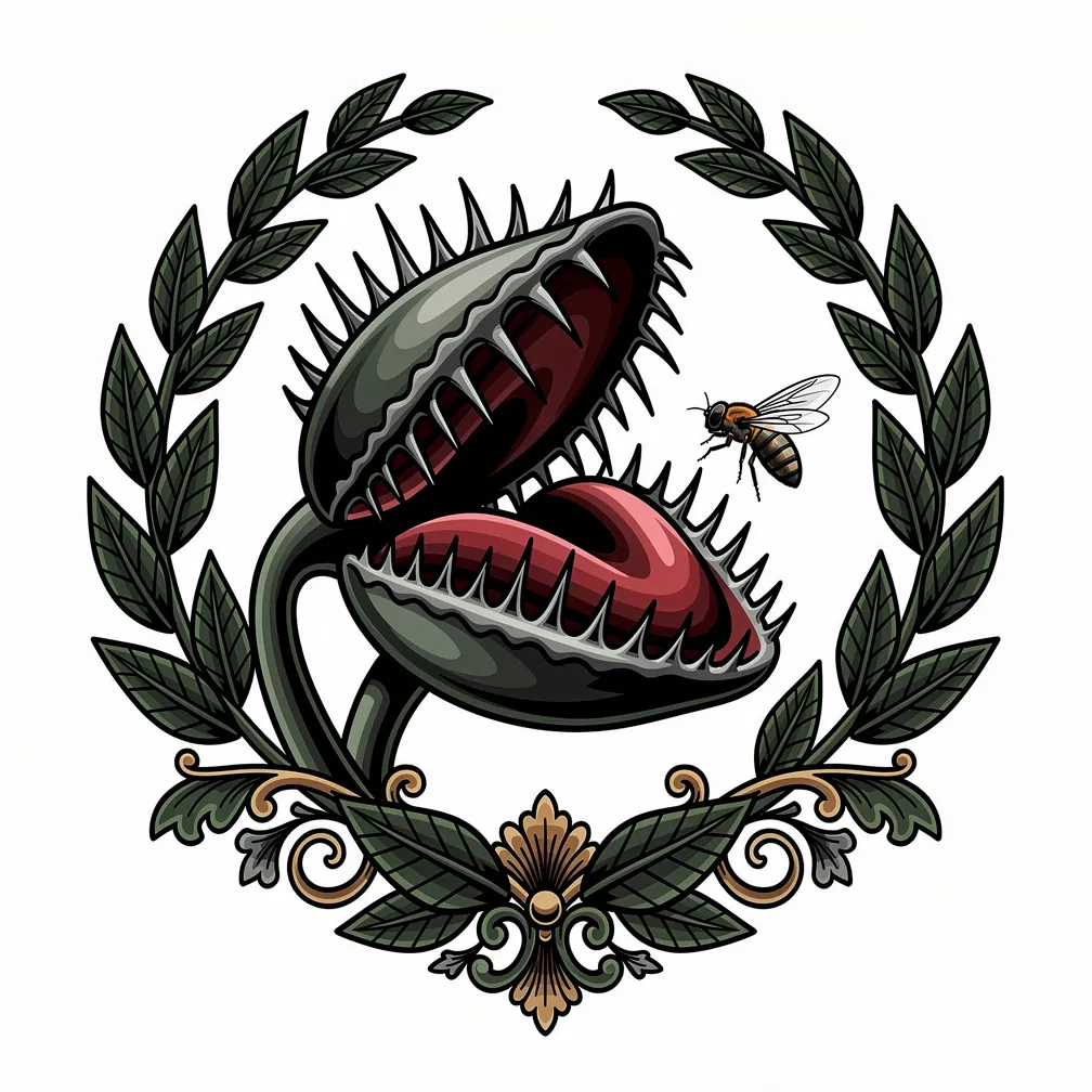 A neo-traditional venus flytrap with razor-sharp teeth snapping toward a fly, drawn with dark, precise botanical detail.