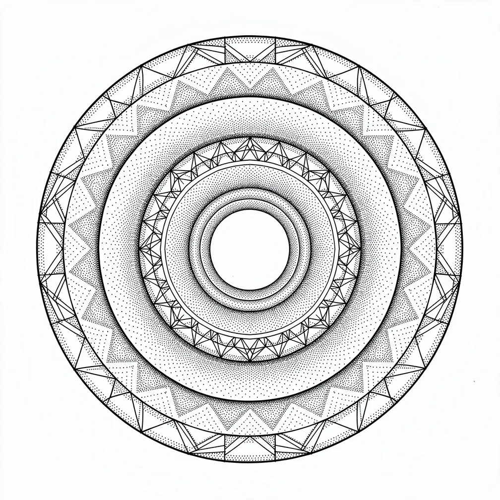 A dotwork geometric tunnel made of concentric circles with diminishing dots creating a 3D vanishing-point illusion.