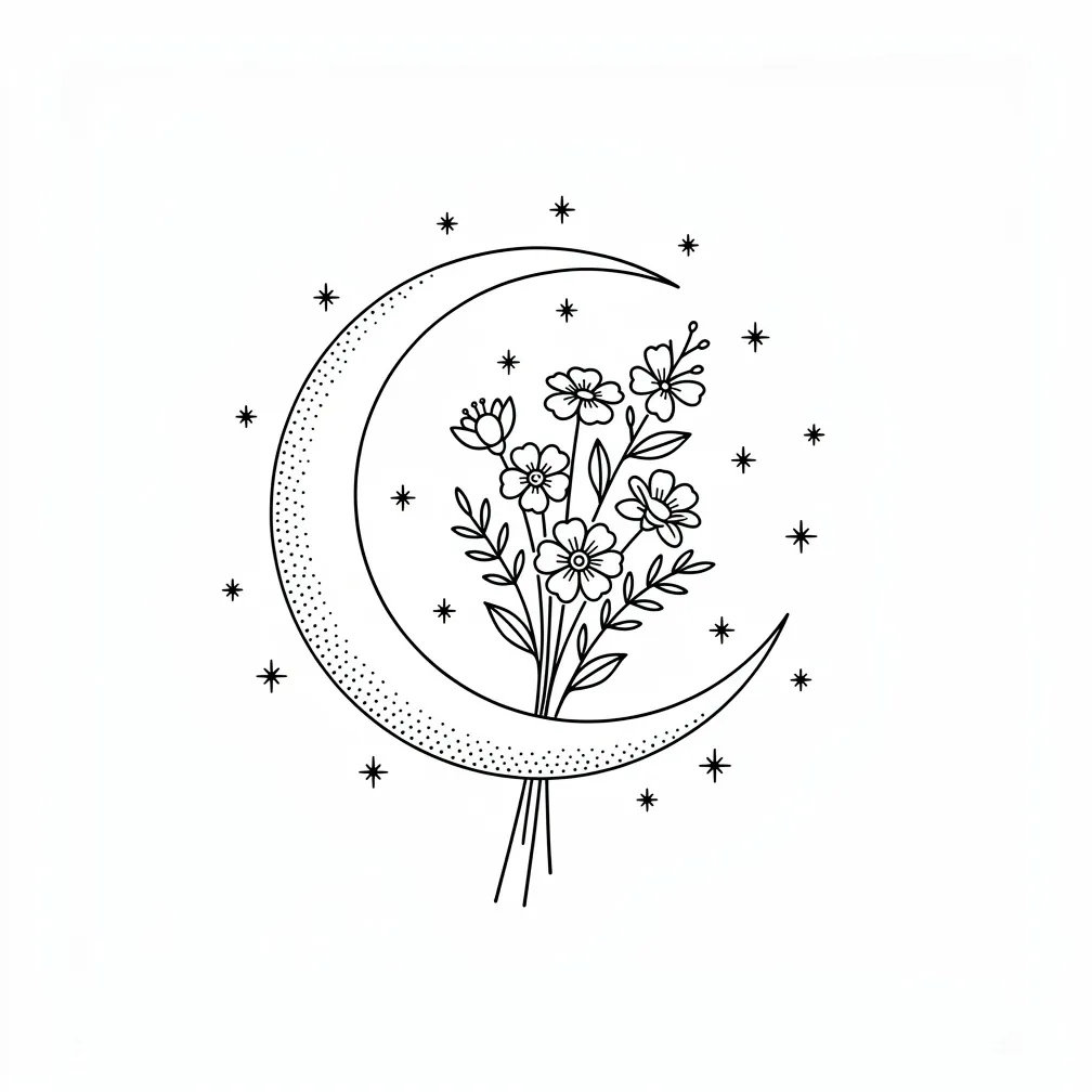A fine-line crescent moon cradles a small cluster of wildflowers, with tiny scattered stars around them.