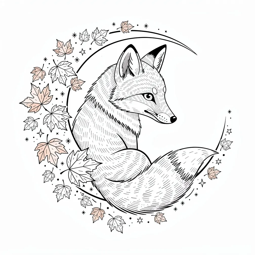 A fine-line fox curled around a crescent moon, with its tail fading into scattered autumn leaves and tiny stars.