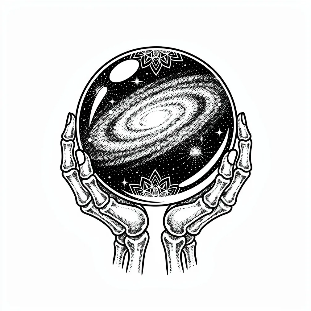 Tatuaje de puntillismo de una bola de cristal sostenida entre manos esqueléticas que contiene una galaxia en miniatura en remolino con nebulosas y estrellas.