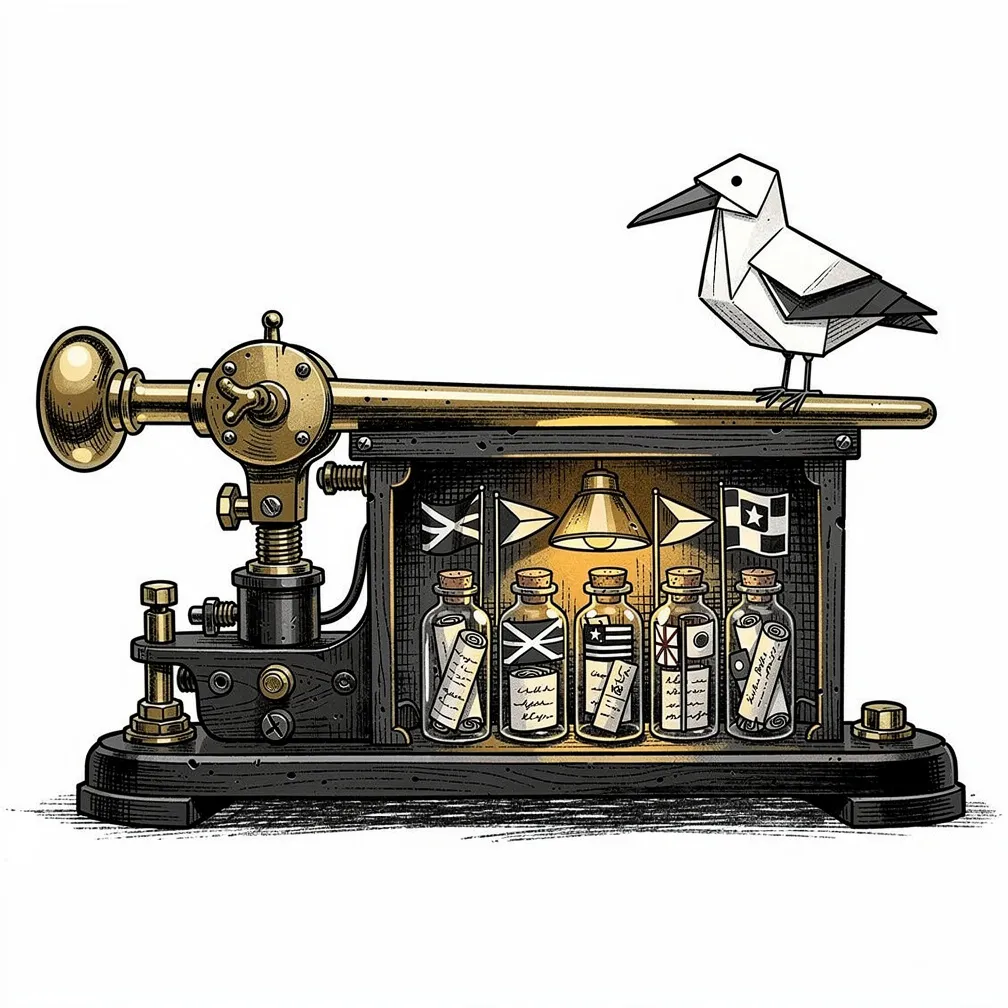 An illustrative vintage Morse key split open like a tiny stage, revealing a lamp-lit archive of bottled telegrams and signal flags, with a paper albatross perched on the brass arm.