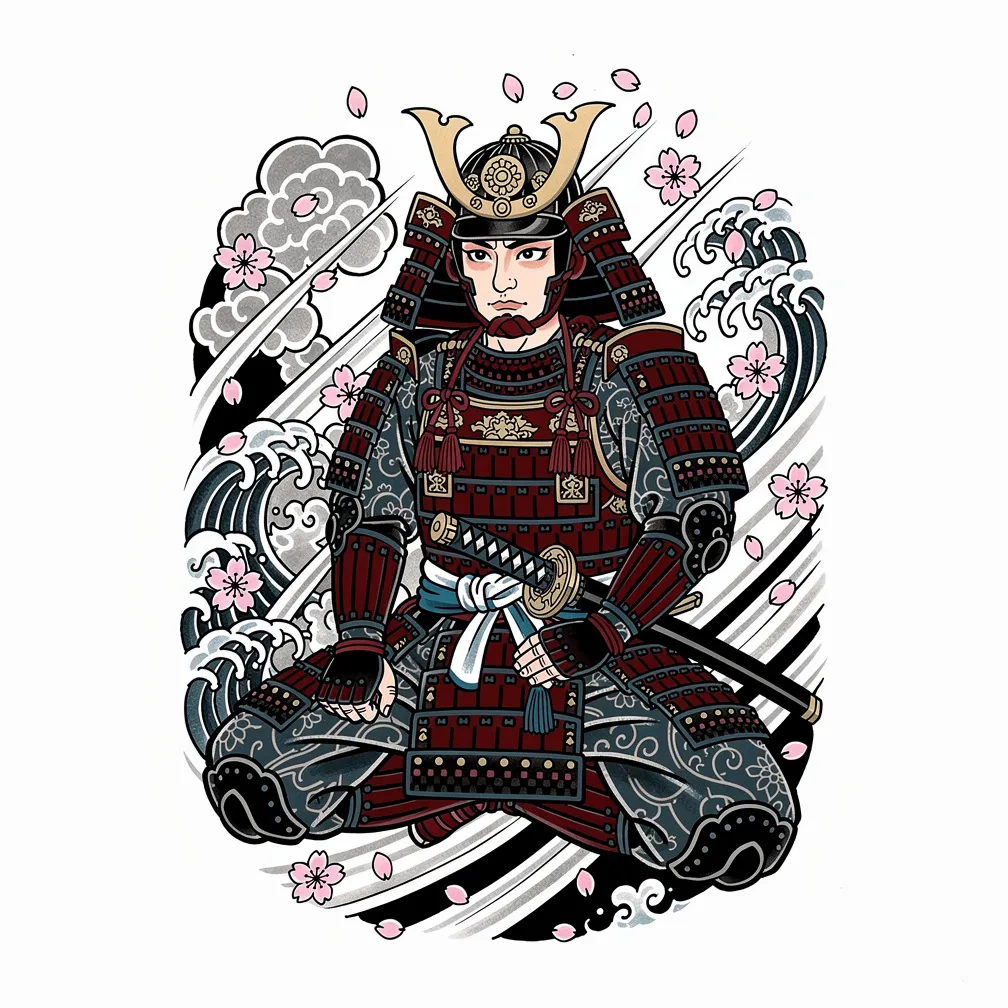 A Japanese irezumi-style samurai in full armor kneels in meditation with a katana across his lap as cherry blossoms fall around him.