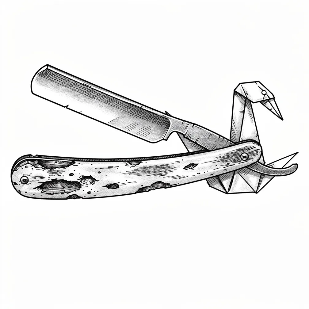 An illustrative vintage straight razor mid-swing, its unfolding blade transforming into a delicate folded-paper swan with an inked tear-dot eye.