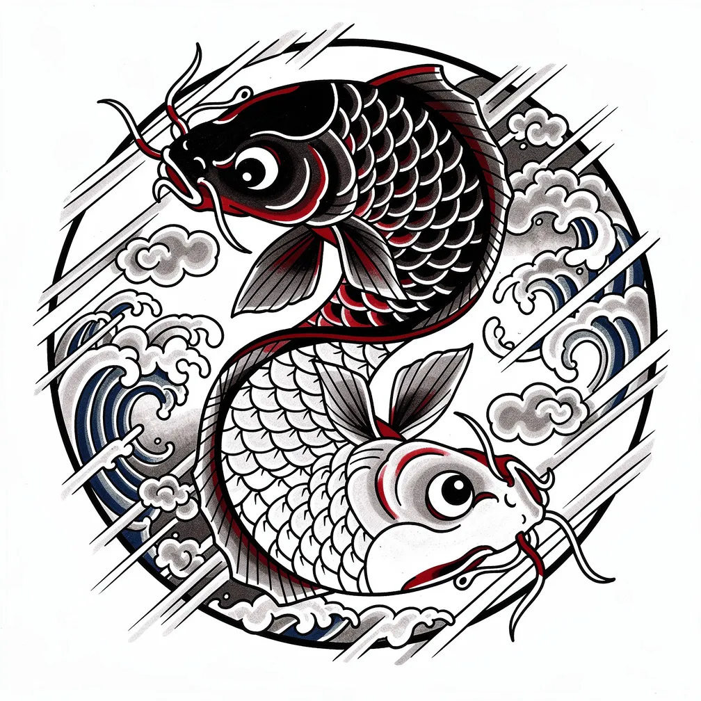 A Japanese-style yin-yang formed by two koi fish—one dark, one light—circling endlessly with flowing water accents.