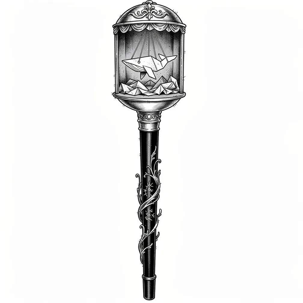 An illustrative ebony cane with a silver knob opening into a tiny lit marionette stage, where an origami humpback whale puppet hangs above paper waves.