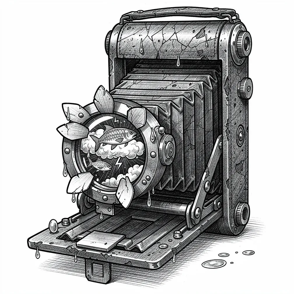 Illustrative antique folding bellows camera whose lens peels open like a flower to cradle a tiny brooding storm cloud with silver lightning fish and suspended raindrops, worn brass and leather texture