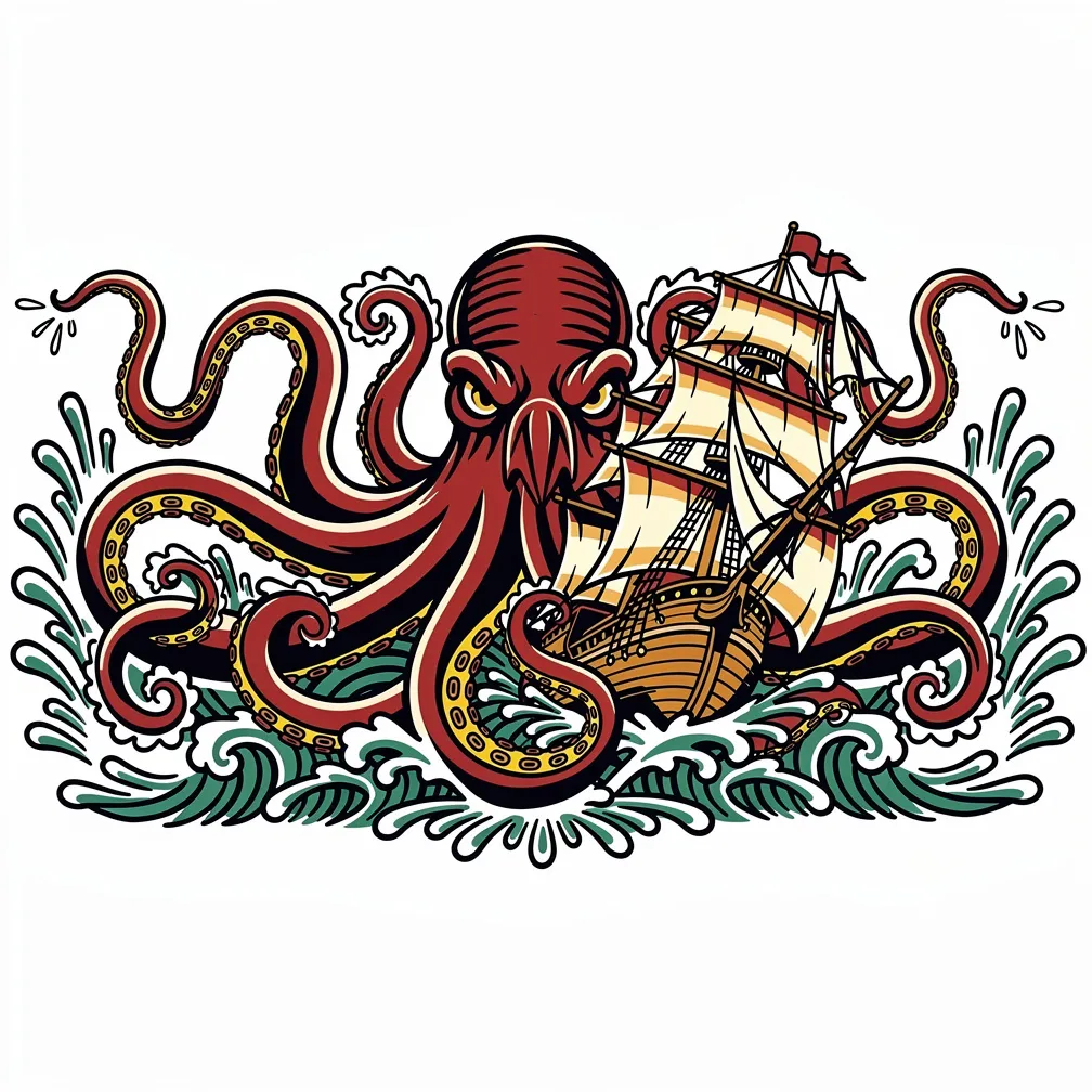 Kraken de estilo tradicional emergiendo de mares tormentosos, con enormes tentáculos aplastando un velero de tres mástiles entre olas embravecidas.