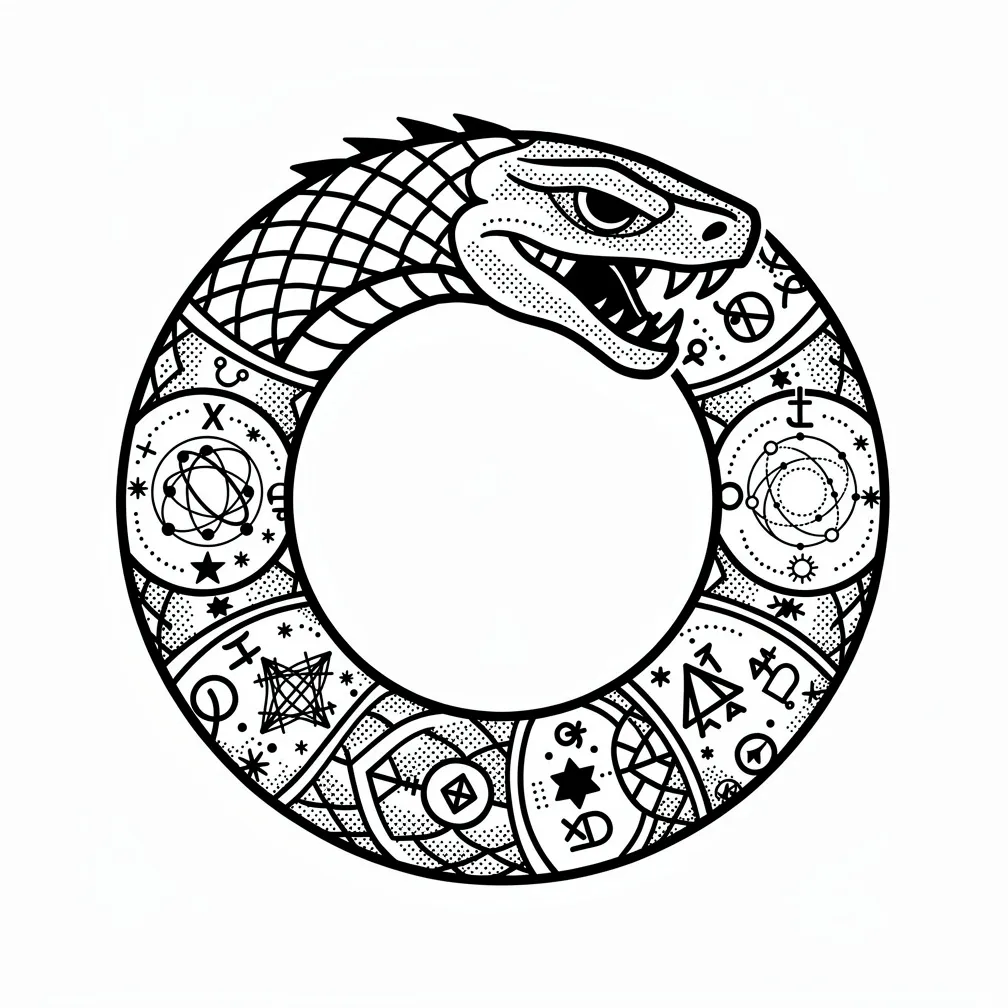 Blackwork ouroboros zmija koja grize vlastiti rep, s tijelom ispunjenim alkemičarskim simbolima i detaljima nebeskog dijagrama.