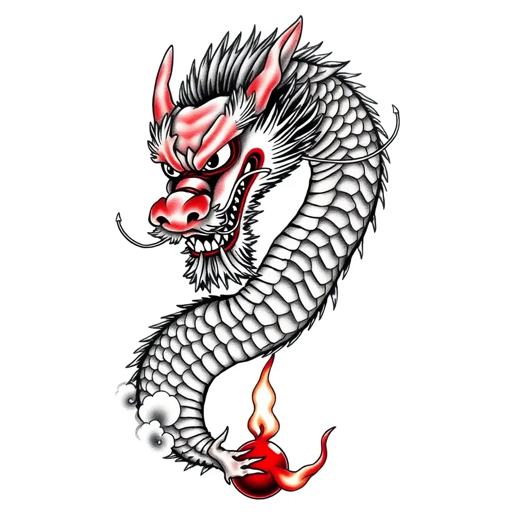 A Japanese-style Chinese dragon spiraling through clouds with long whiskers and claws gripping a flaming pearl, in bold traditional colors.