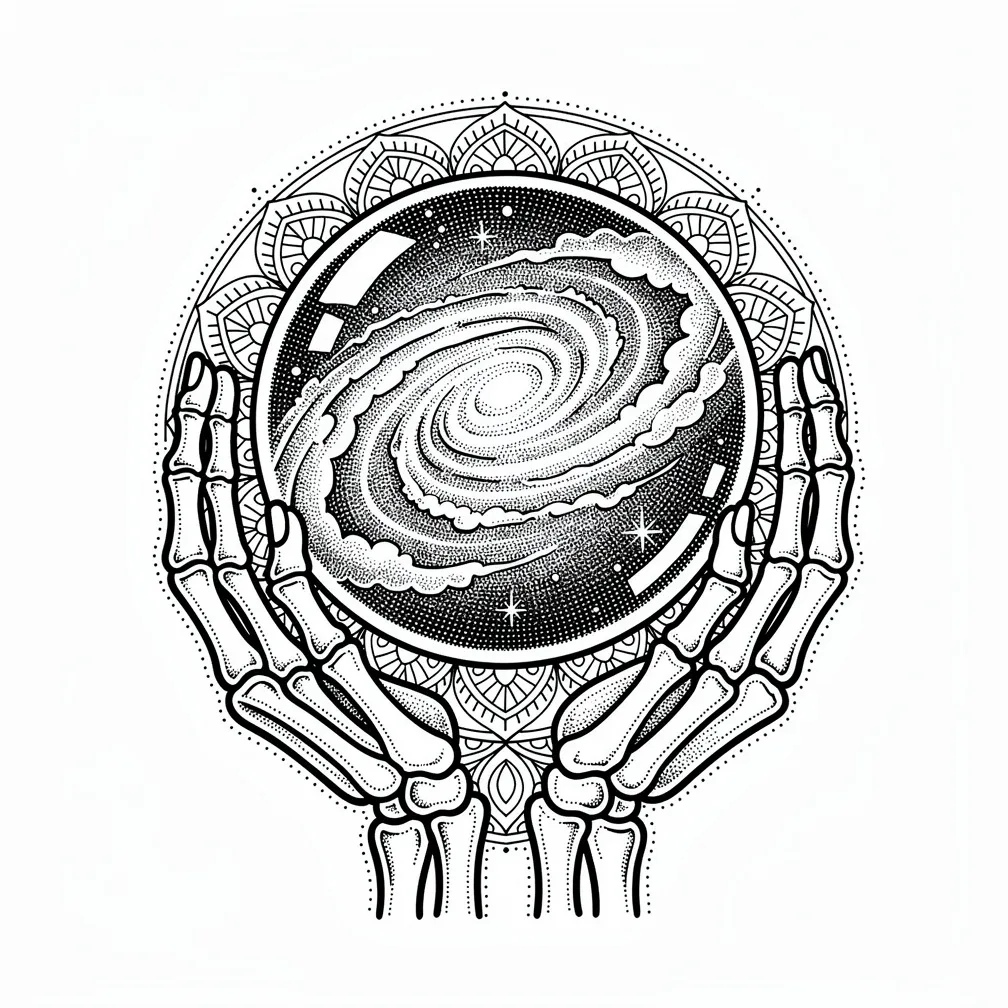A dotwork crystal ball cradled by skeletal hands, with a swirling miniature galaxy of nebulae and stars inside the globe.