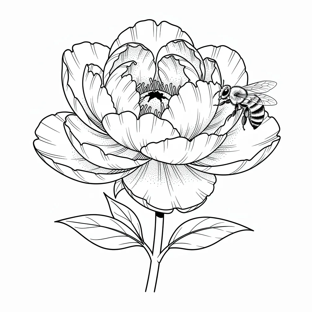 A fine-line single peony in full bloom with layered delicate petals and a small bee resting on one petal, drawn with thin, detailed linework.