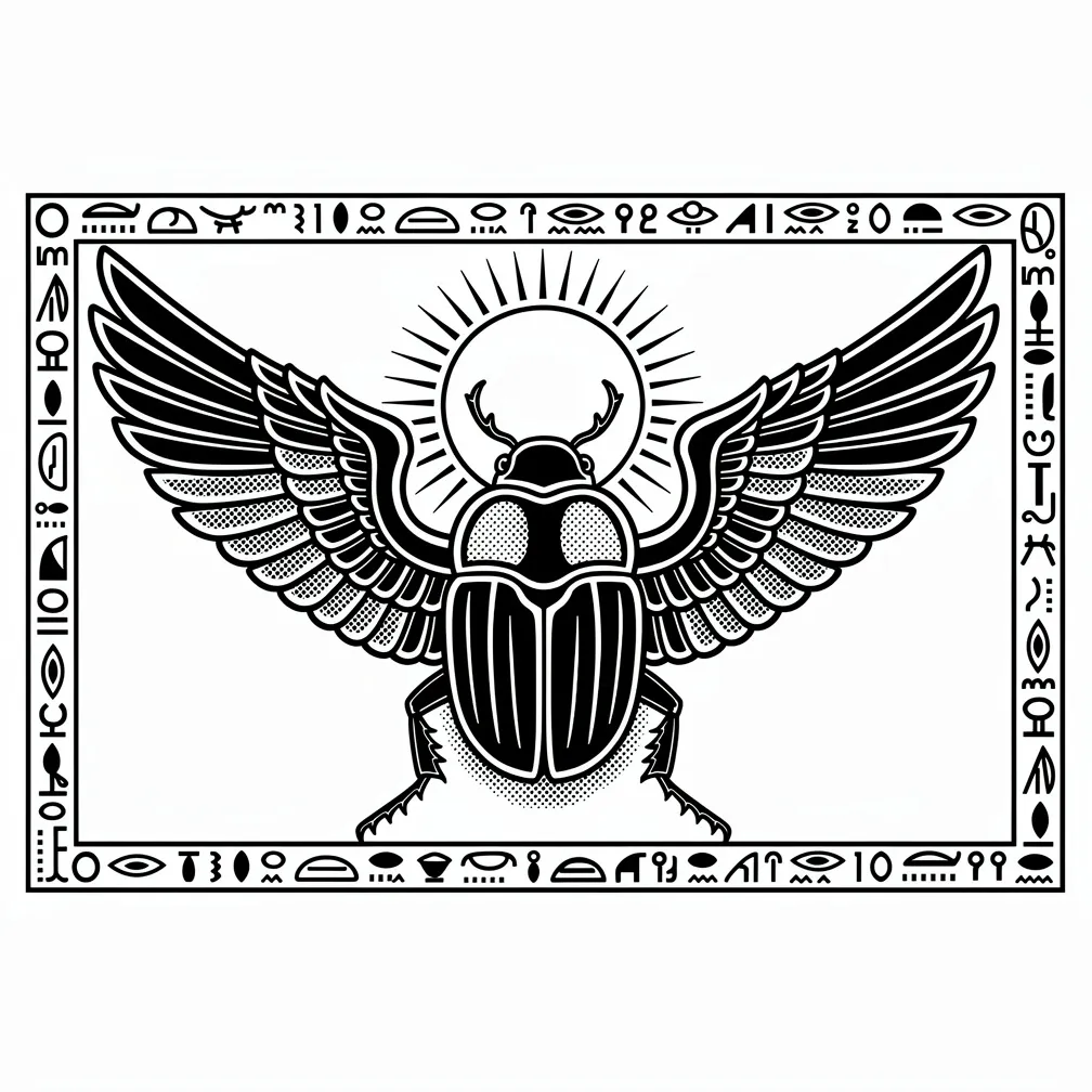 A blackwork Egyptian scarab beetle with outstretched wings holding a sun disc, framed by a hieroglyphic border.