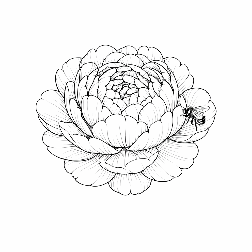 A fine-line single peony in full bloom with layered delicate petals and a small bee resting on one petal.