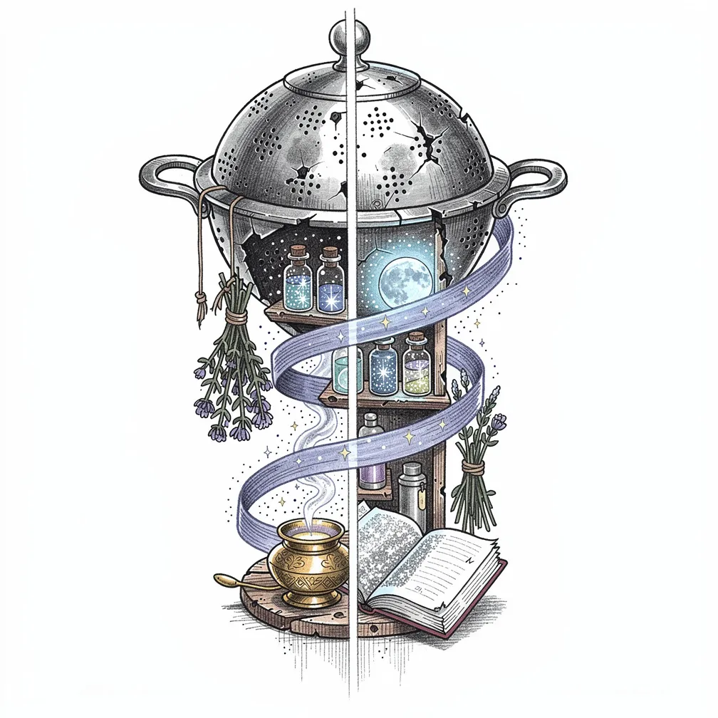 An illustrative tarnished tea strainer cracked open, pouring starlight into a tiny lamp-lit apothecary with labeled vials, herbs, a brass burner, and a notebook.
