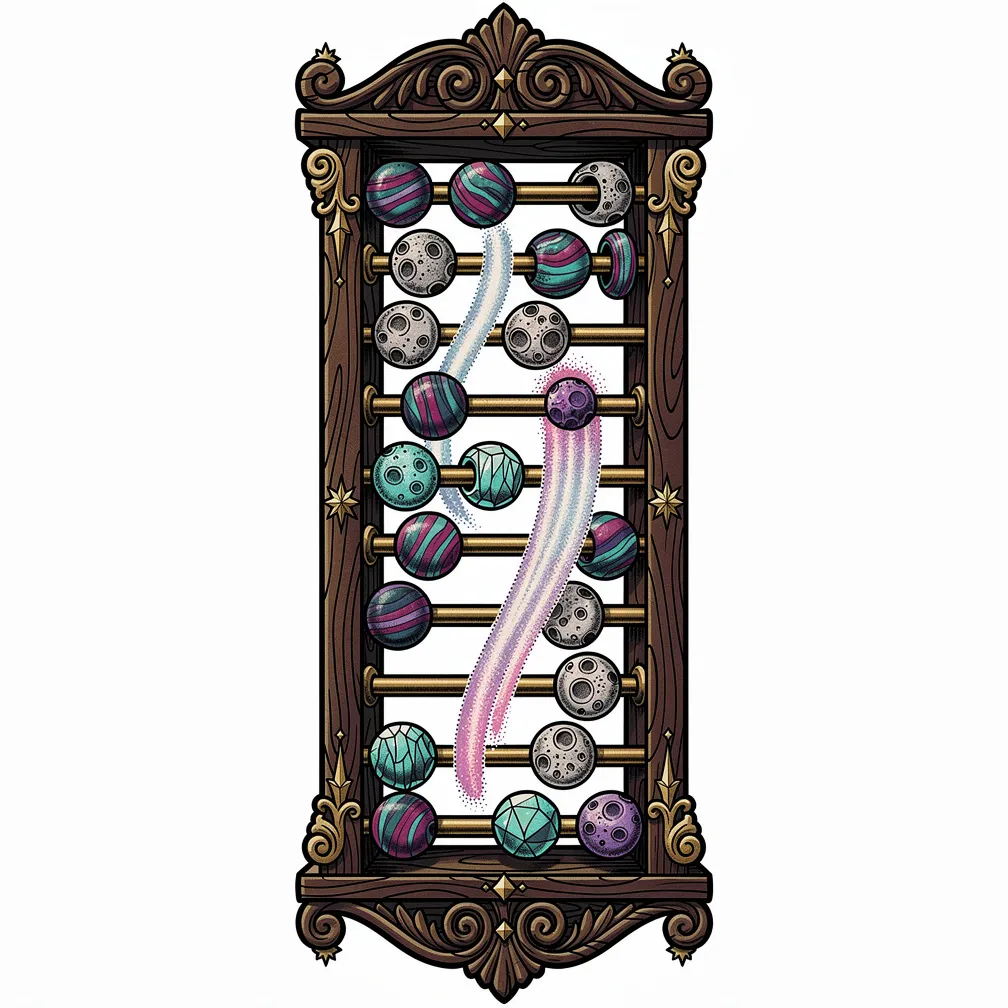 A neo-traditional antique wooden abacus with planet beads on brass rods and a comet bead with a stippled, arcing opalescent tail.