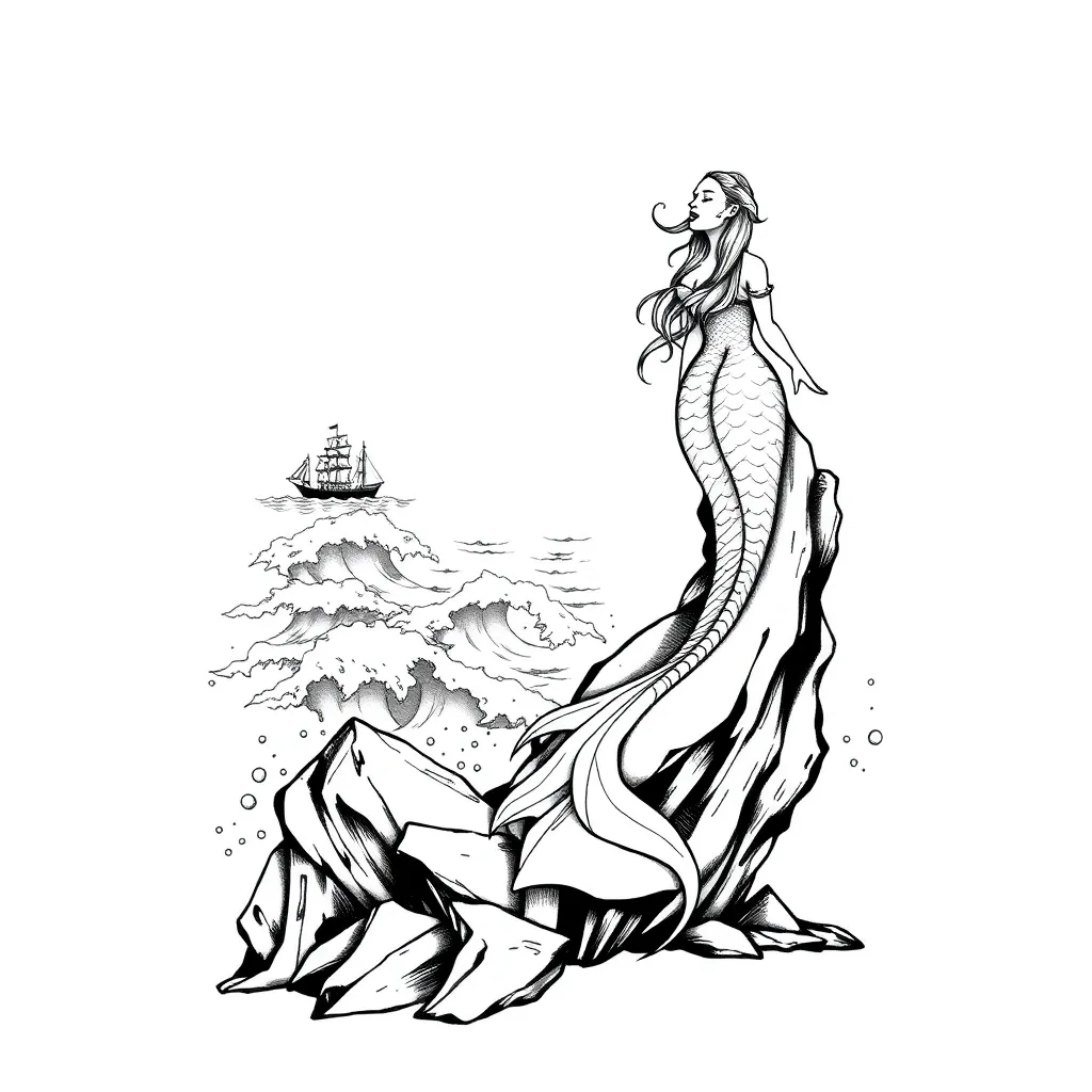 Illustrative siren perched on sea rocks singing to passing ships as her tail dissolves into crashing ocean waves in flowing blue and teal tones.