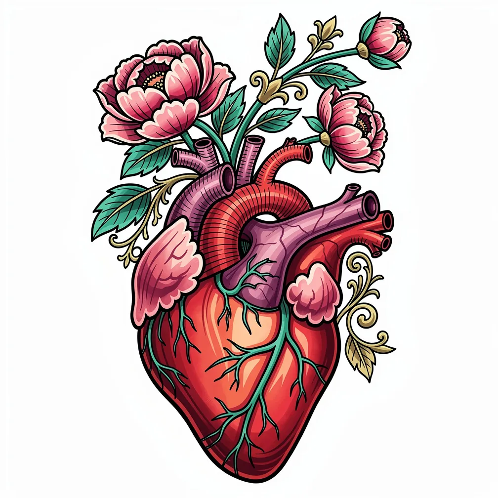 A neo-traditional anatomical human heart with bold linework, shaded muscle, and flowers sprouting from the arteries and veins.