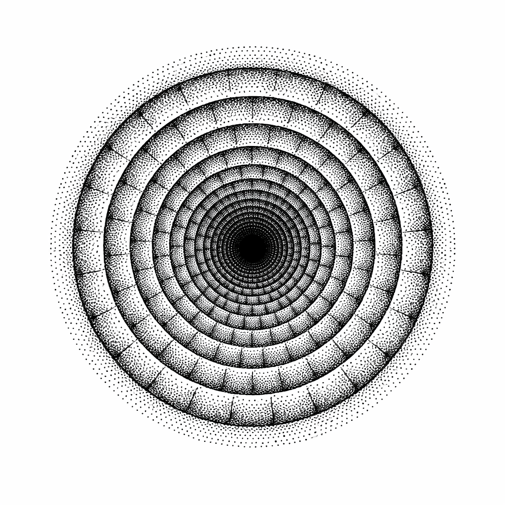 A dotwork design of concentric circles made from diminishing dots forming a three-dimensional tunnel/optical illusion.