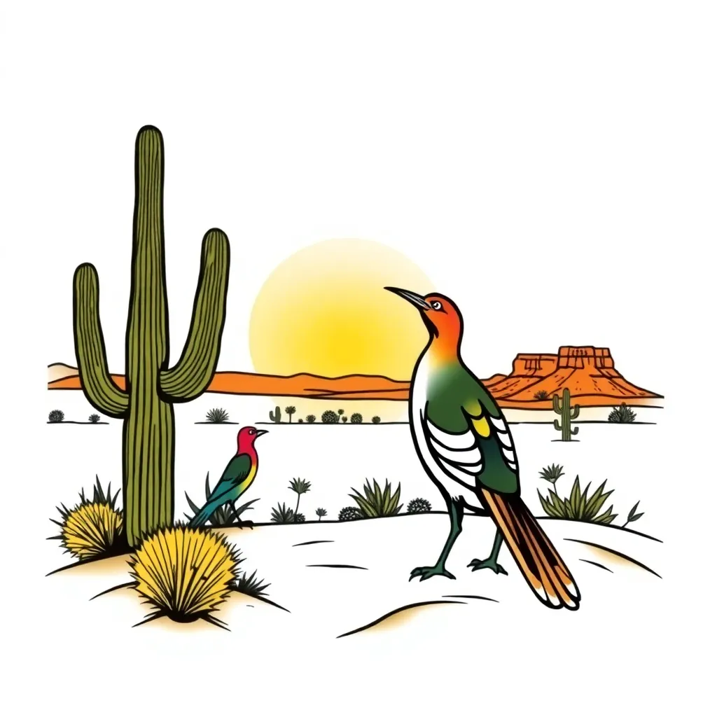 Traditional-style desert scene at golden hour with tall saguaro cacti in foreground, a roadrunner in motion, and distant mesa silhouettes against an orange-pink sunset.