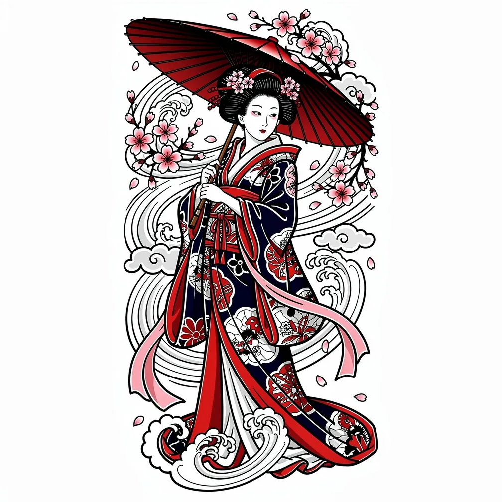 A japanese irezumi-style geisha in an ornate kimono holding a parasol as wind lifts the silk, with swirling cherry blossoms around her.