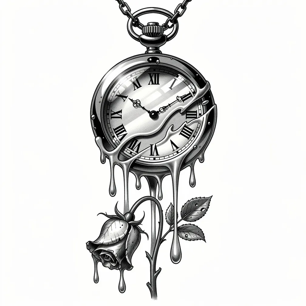 A realistic melting pocket watch draped over a wilting rose with dripping liquid time in a surreal composition