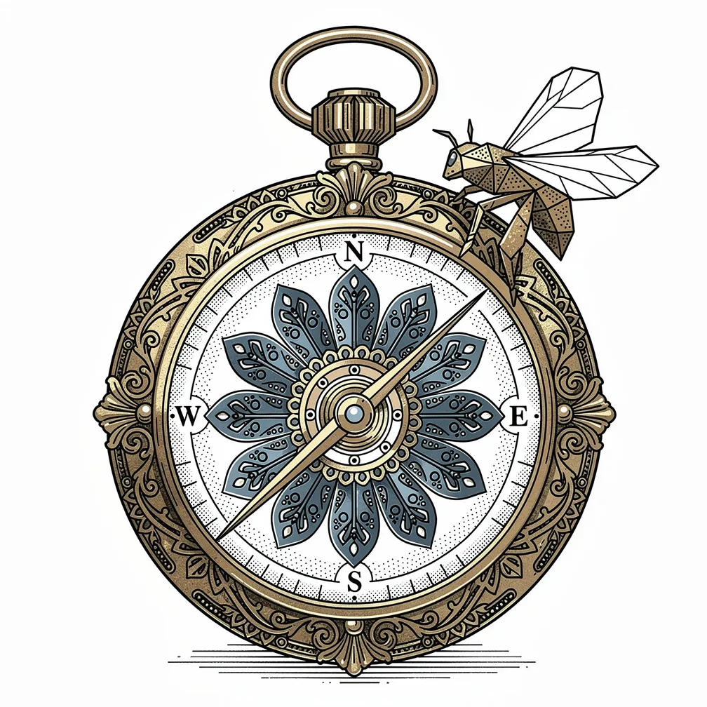 An ornamental antique pocket compass with dented bezel and scratched glass, its face replaced by a tiny mechanical sunflower with blued-steel petals, jeweled gyroscope center, and a bee on folded纸.