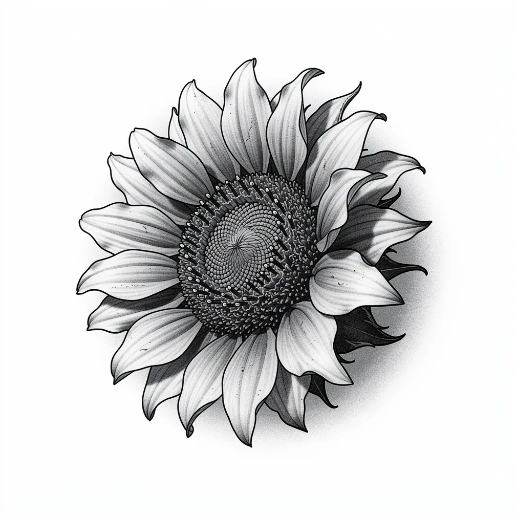 A realism sunflower turning toward the light with ultra-detailed petals and seed head in botanical detail.