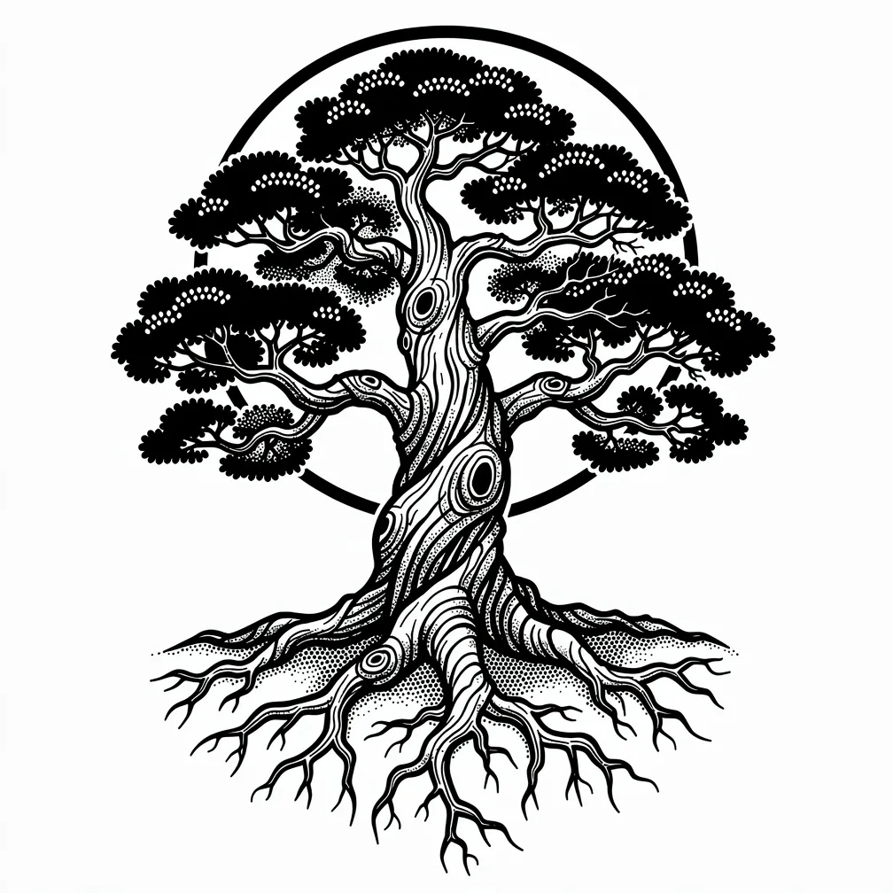 Blackwork depiction of an ancient gnarled oak with deep exposed roots and a full moon glowing through twisted branches
