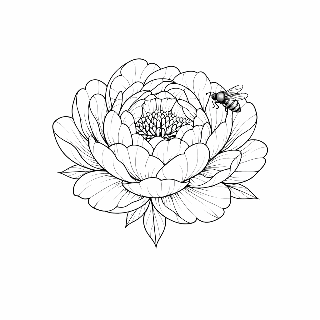 A fine-line single peony in full bloom with layered delicate petals and a small bee resting on one petal