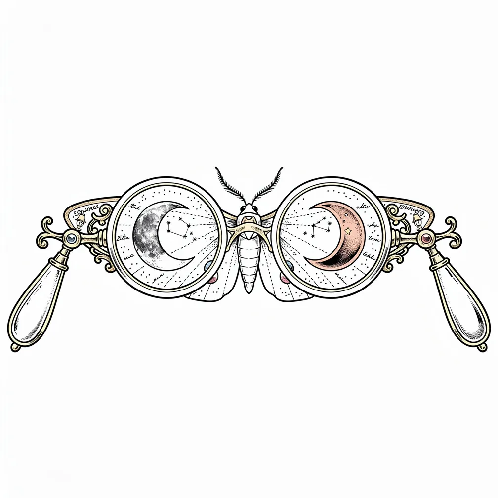 A fine-line antique lorgnette with filigree, each lens showing a lamp-lit waxing and waning moon, and a luna moth between the frames with constellation wings and tiny script.