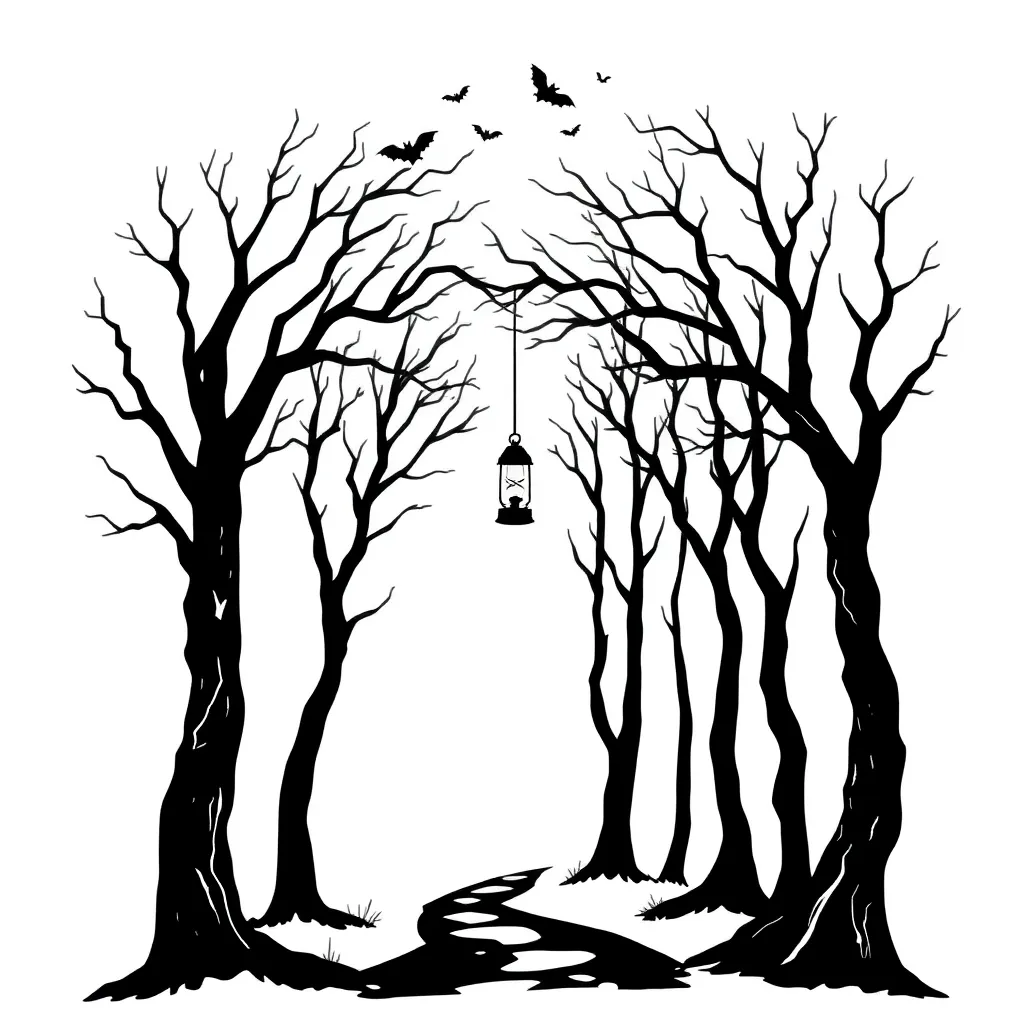 Blackwork dark forest scene with bare twisted trees, a single glowing lantern on a crooked path and bats silhouetted in the sky.