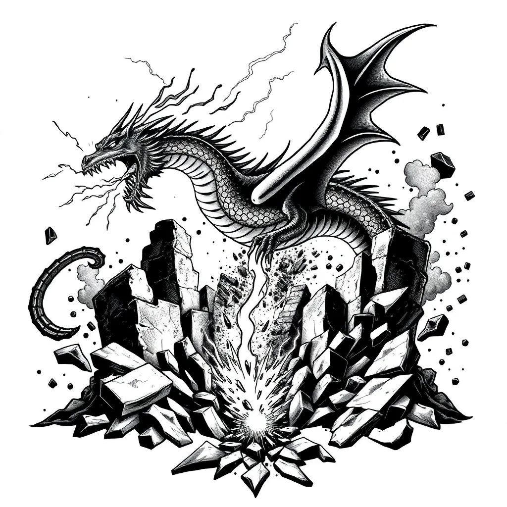 Blackwork scene of a colossal dragon tearing apart a fortress amid towering flames, lightning-split sky and a fractured ground opening into an abyss.