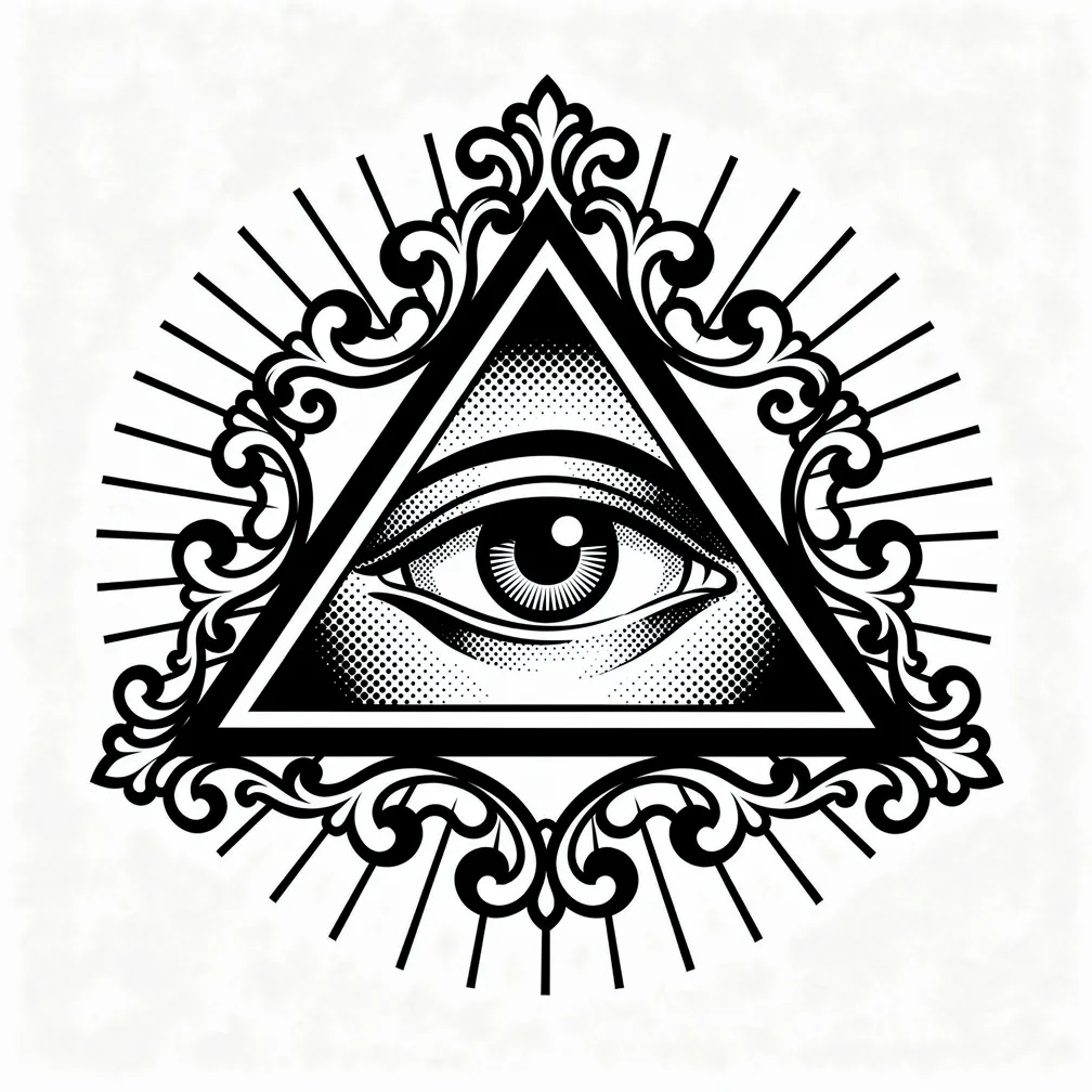 A blackwork Eye of Providence inside a triangle, framed by ornate filigree with radiating beams of light.