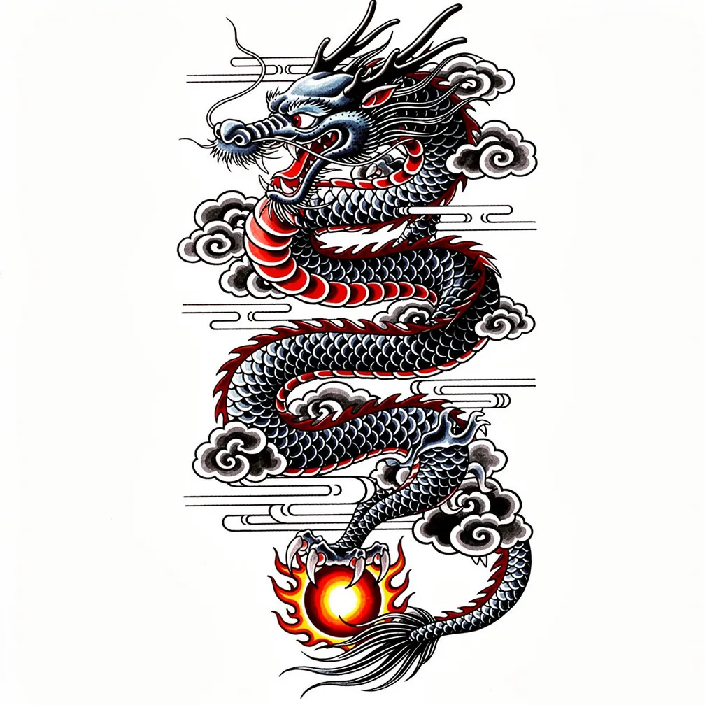 A Japanese-style Chinese dragon spirals through swirling clouds, long whiskers trailing, claws gripping a flaming pearl in bold full-color irezumi.
