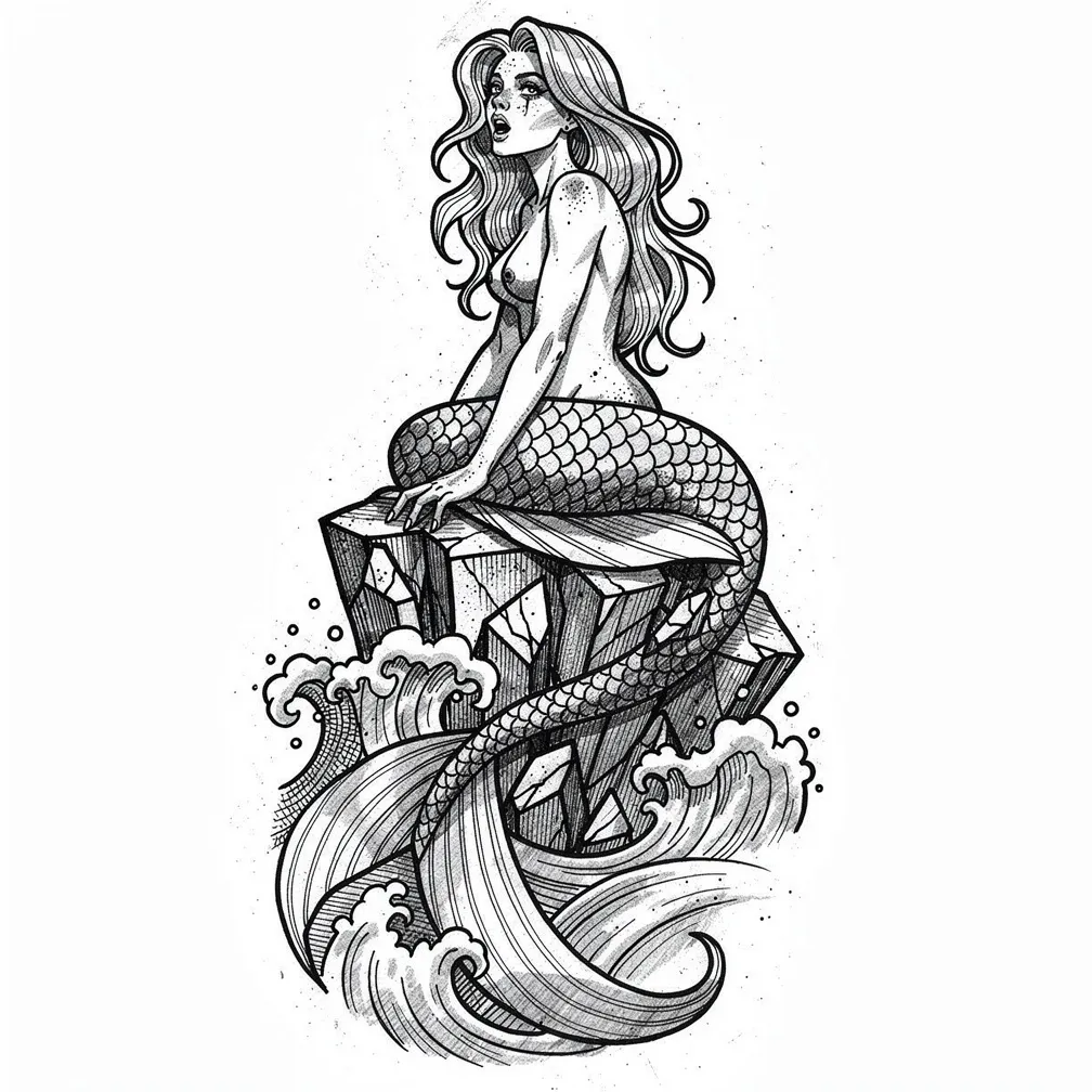 An illustrative siren perched on sea rocks sings toward passing ships as her tail dissolves into crashing ocean waves.