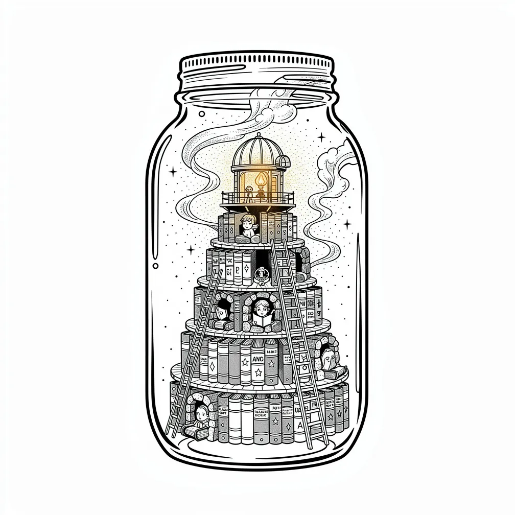 Un tarro Mason de línea fina que contiene una montaña-biblioteca en miniatura, en terrazas, con libros de cuero apilados como estanterías en acantilados, un observatorio en la azotea iluminado por una