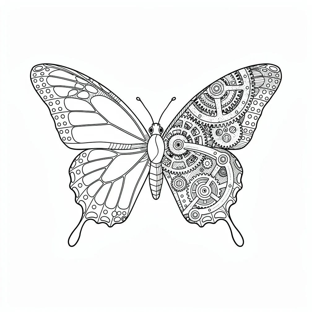 A fine-line monarch butterfly with one wing transforming into detailed clockwork gears and mechanical parts.