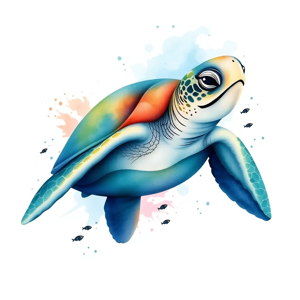 A watercolor sea turtle gliding through ocean currents with a coral reef growing on its shell and tropical fish swimming alongside, painted in soft washes of turquoise and coral.