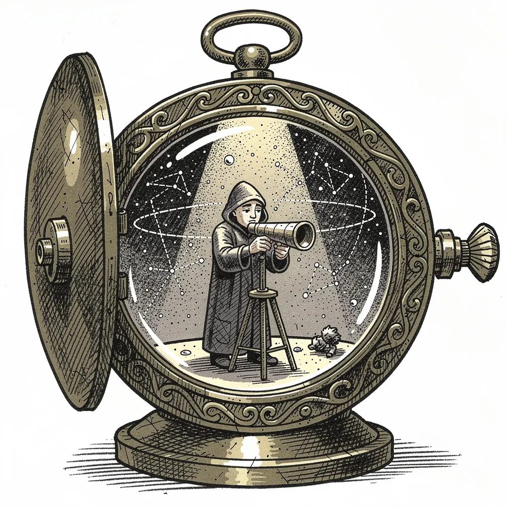 An illustrative antique typewriter key lifted like a porthole, revealing a tiny brass orrery, stitched constellations, and a hooded astronomer under a lamp-lit nebula reflection.
