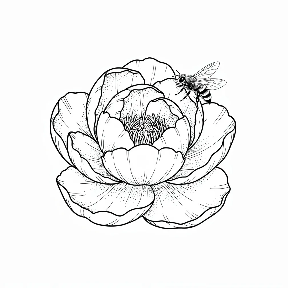 A fine-line peony in full bloom with layered delicate petals and a small bee resting on one petal.