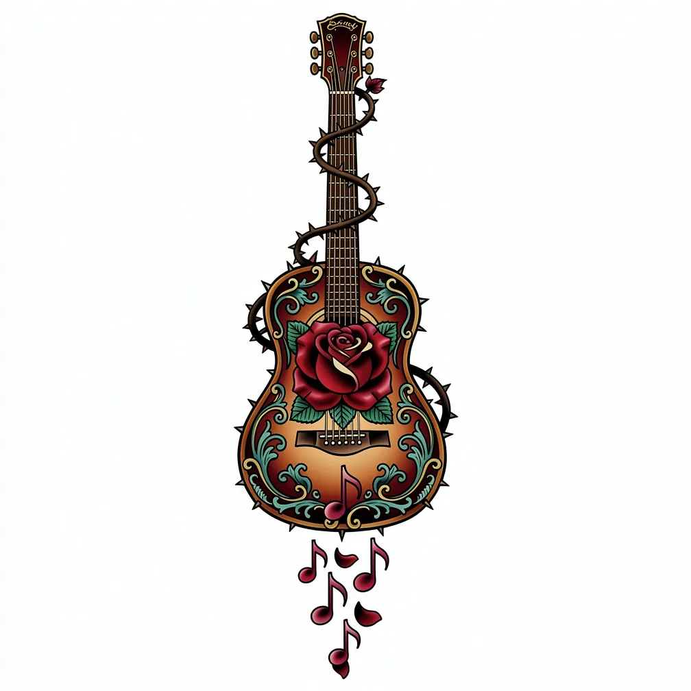 Neo-traditional acoustic guitar with roses growing from the sound hole, vines wrapping the neck and petals falling like musical notes.