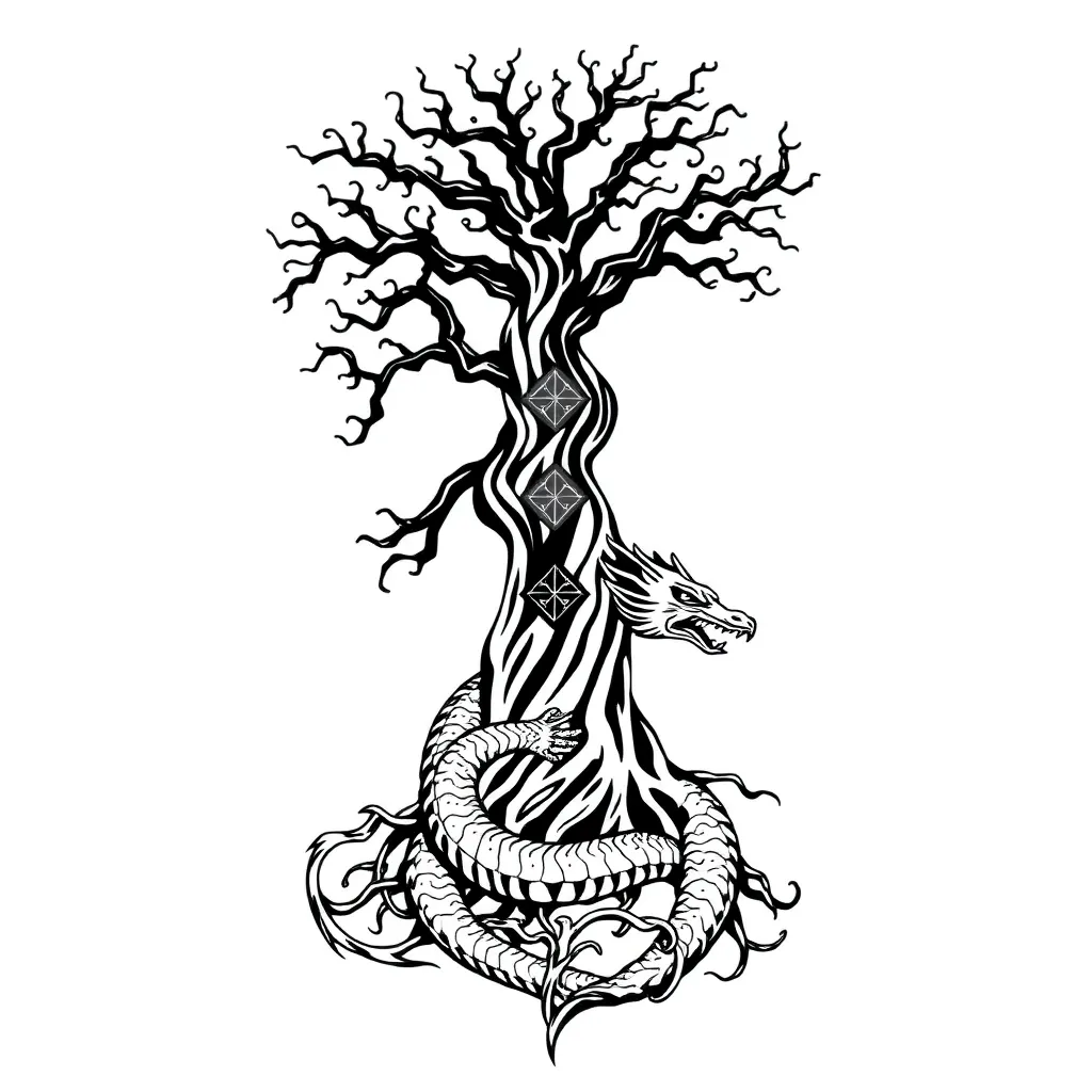 A blackwork depiction of Yggdrasil with sprawling roots descending into three distinct realms and a coiled dragon at the tree's base, rendered in bold black linework and shading.
