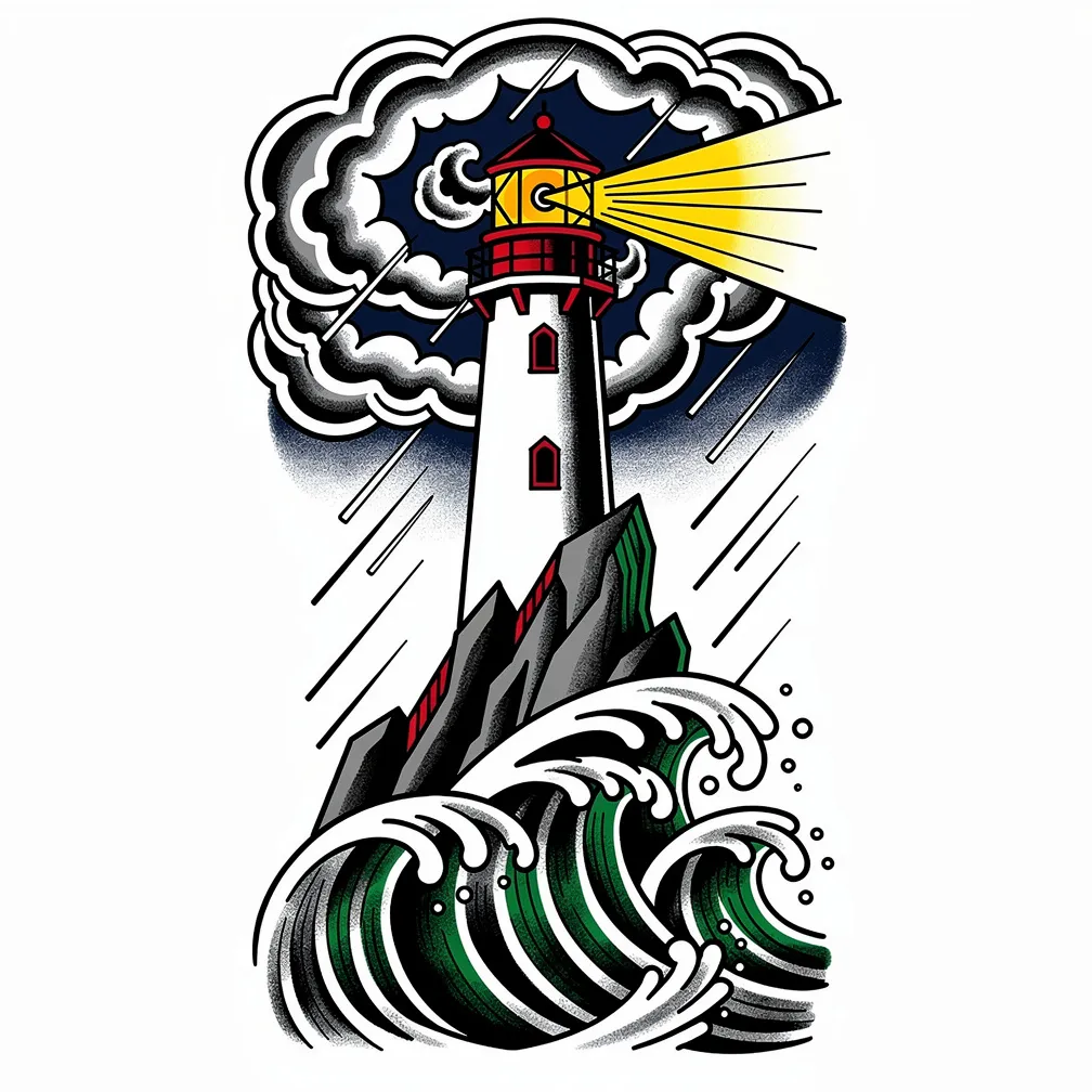 Traditional-style lighthouse stands firm against crashing waves at night, its beacon cutting through fog and storm with bold colors and strong black outlines.