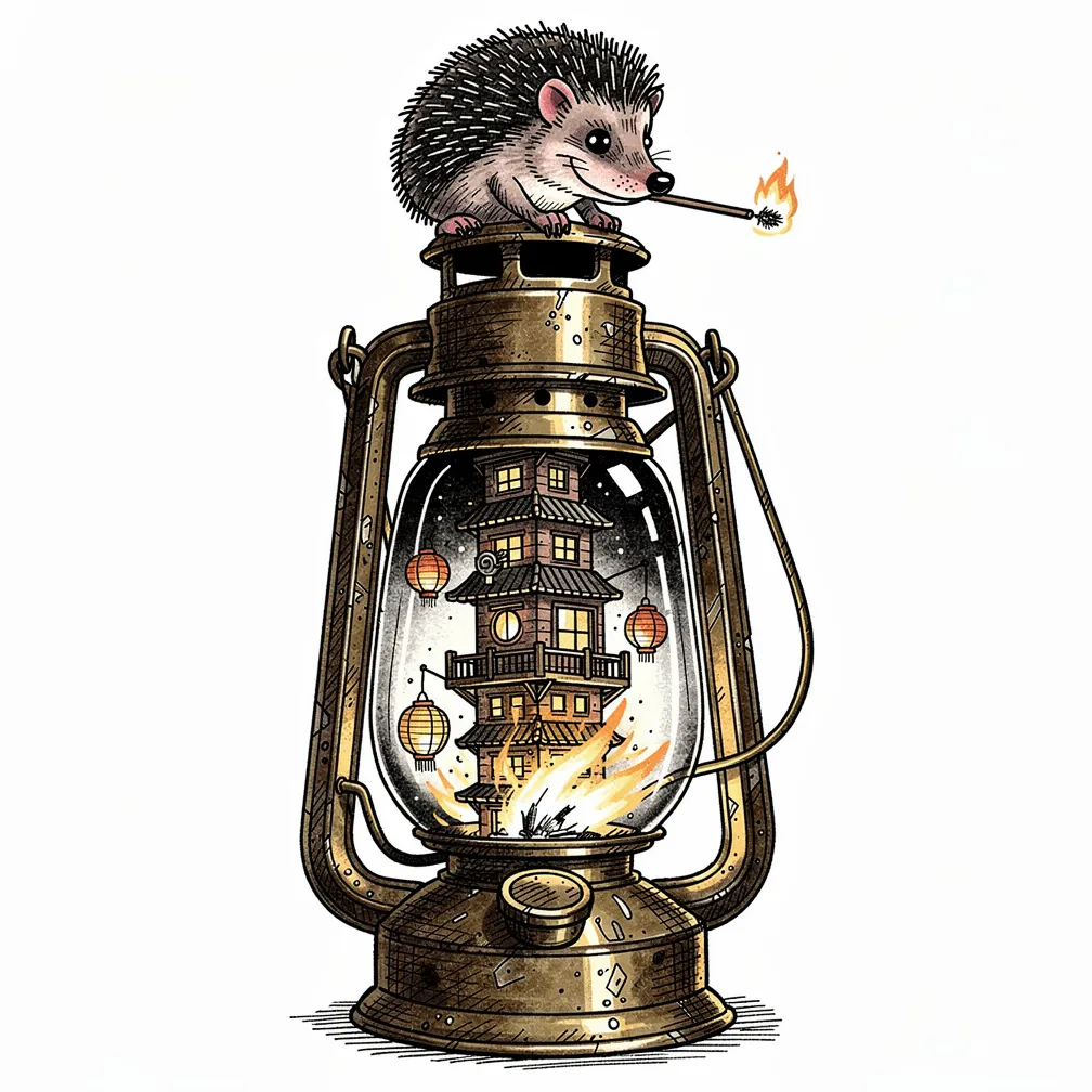 An illustrative weathered brass lantern with soot-dark glass, its flame forming a tiny glowing tiered lamp-city, topped by a grizzled hedgehog tending the wick.