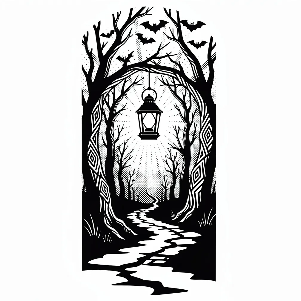 A blackwork forest scene of bare twisted trees lining a crooked path lit by a single glowing lantern with bats flying overhead