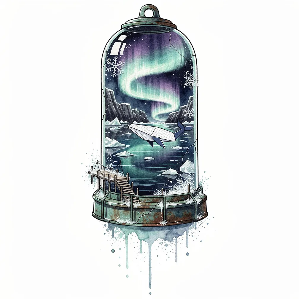 Una boya de faro en acuarela con el cristal agrietado que guarda una bahía glaciar en miniatura a medianoche; una ballena jorobada de origami plegada en papel azul marino bajo una cinta de aurora bore