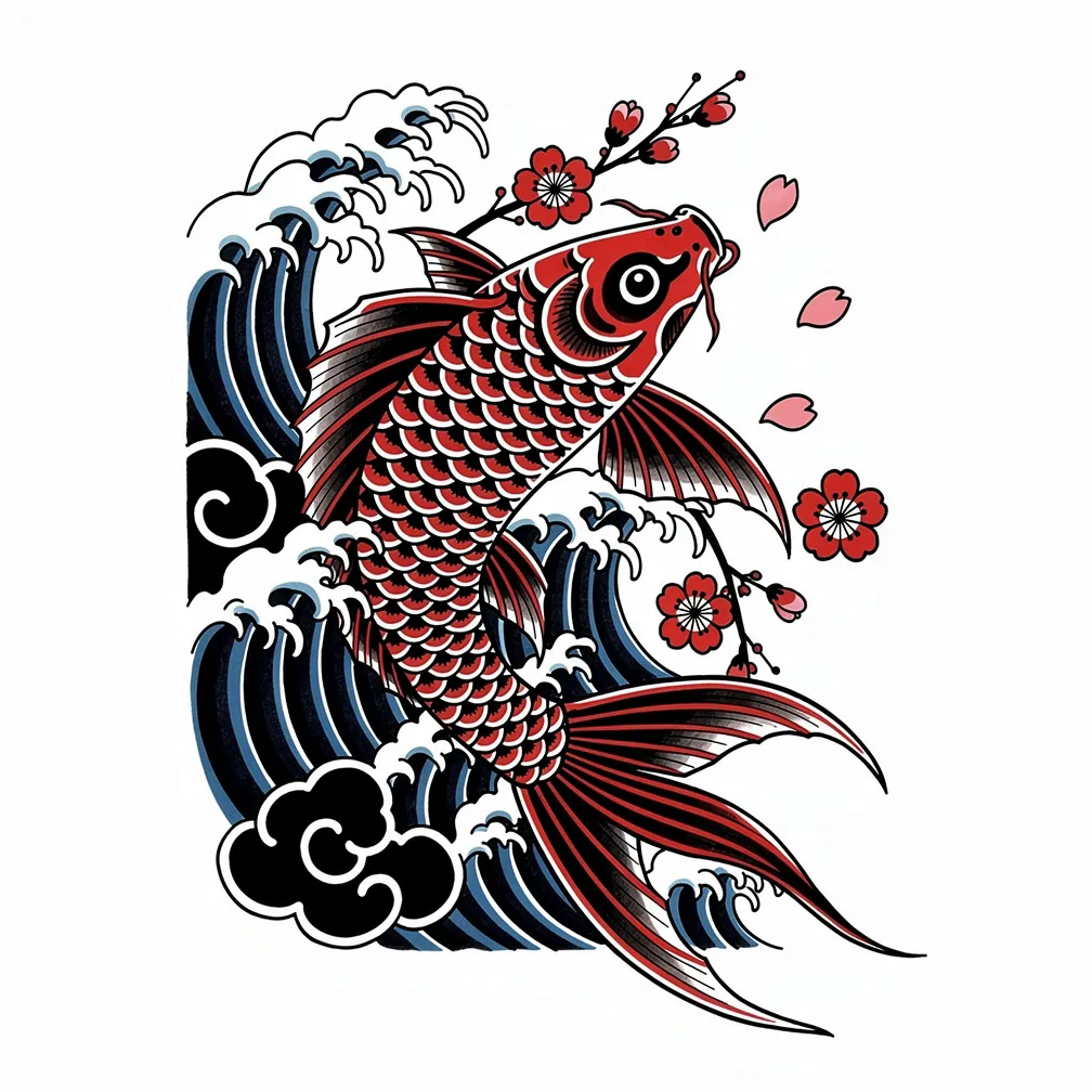 A Japanese-style koi swimming upstream through crashing waves with drifting cherry blossom petals in rich traditional colors
