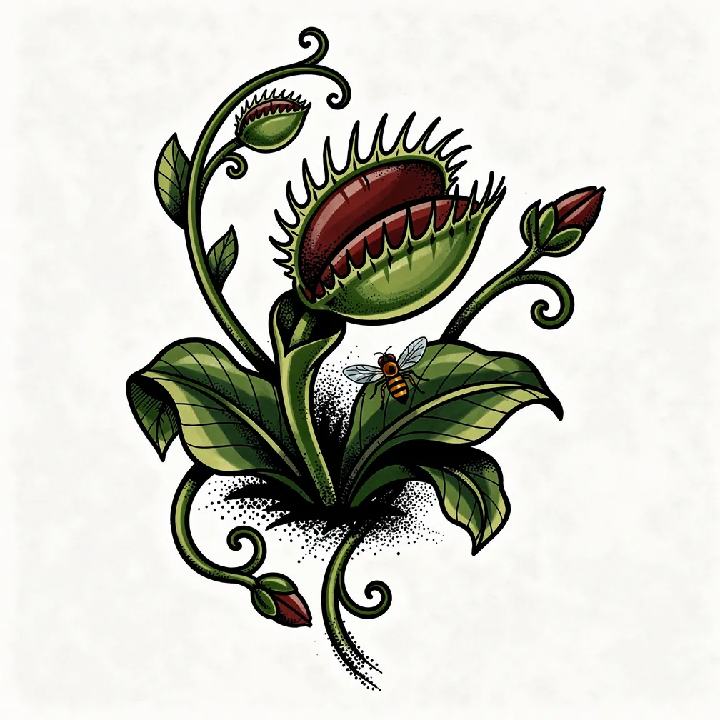 A neo-traditional venus flytrap with razor teeth snapping toward a fly, rendered with dark botanical detail and bold shading.